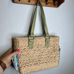 Bandalino Woven Vintage‎ VTG Straw Bag Purse Tote Floral Lined Green Handles